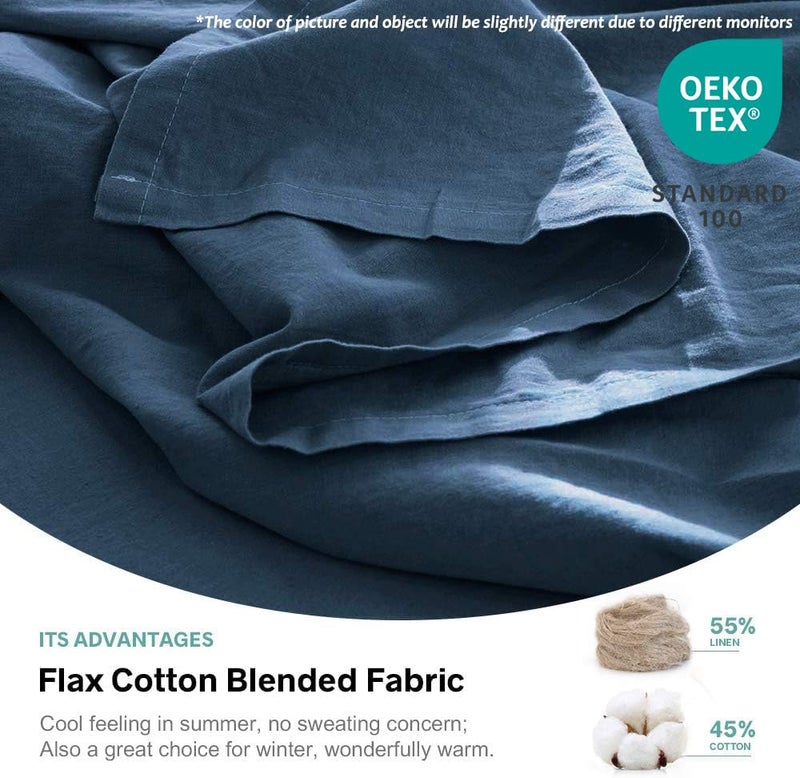 Simple&Opulence Belgian Linen Sheet Set Solid Color - 4 Pieces (1 Flat Sheet, 1 Fitted Sheet & 2 Pillowcases) Natural Flax Cotton Blend Soft Breathable Farmhouse Bedding - Full Size, Classic Blue - Image 2